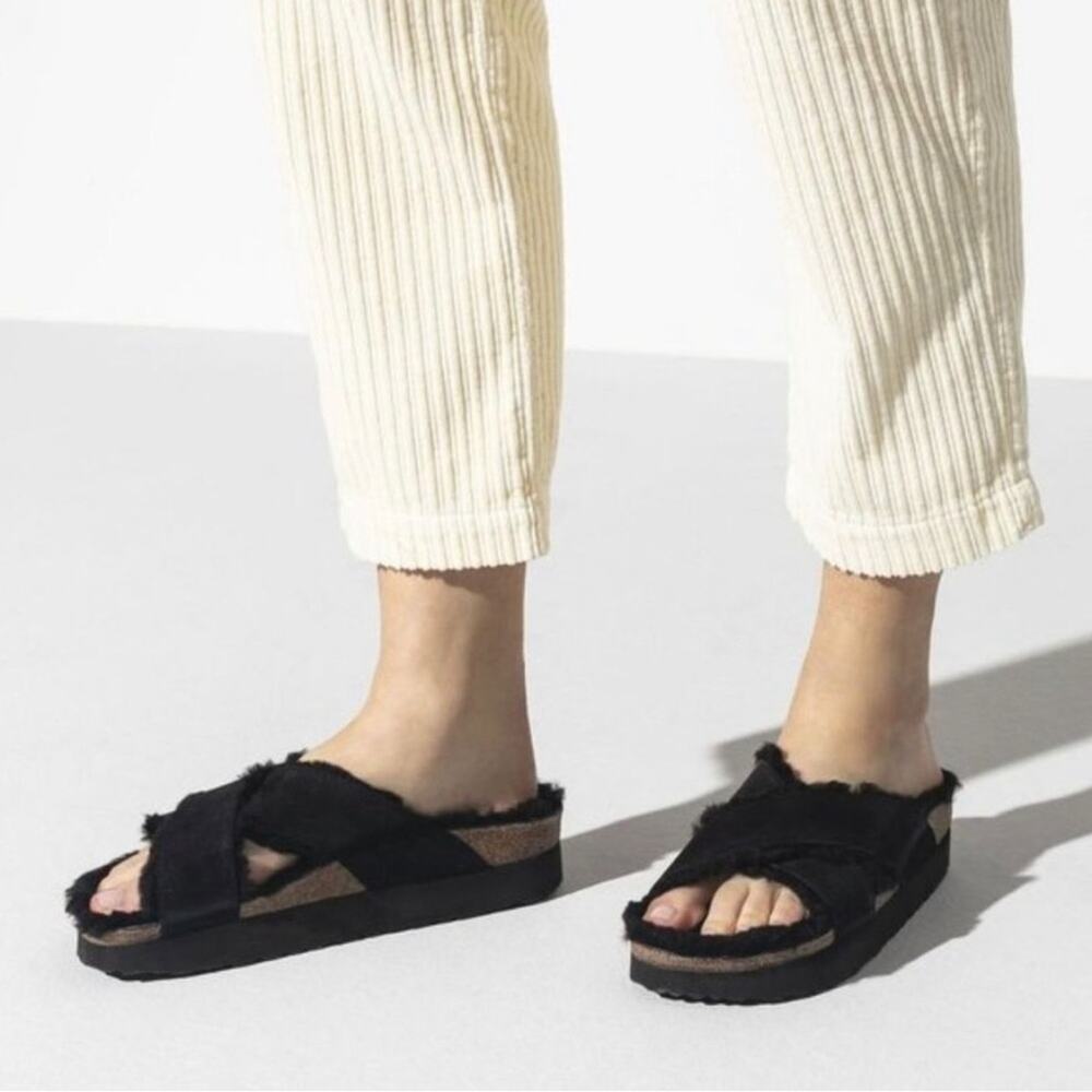 Papillio Birkenstock Daytona Shearling Black Platform Sandals Women Size 39 EU